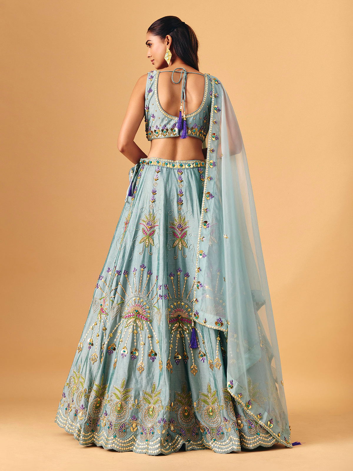 Light grey raw silk lehenga choli with zardosi accents