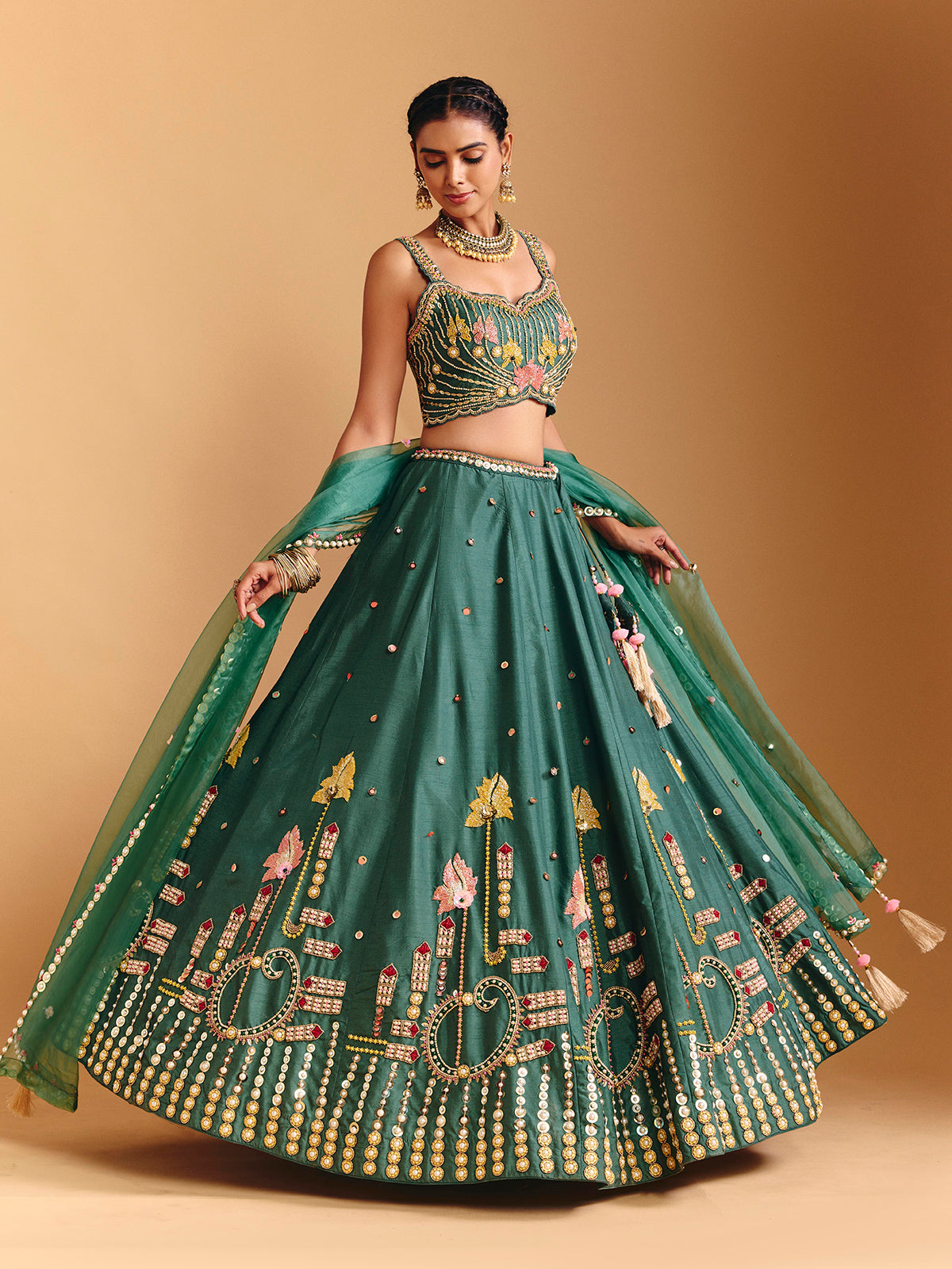 Green raw silk lehenga choli with pearl embellishments