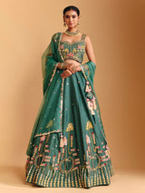 Green raw silk lehenga choli with pearl embellishments