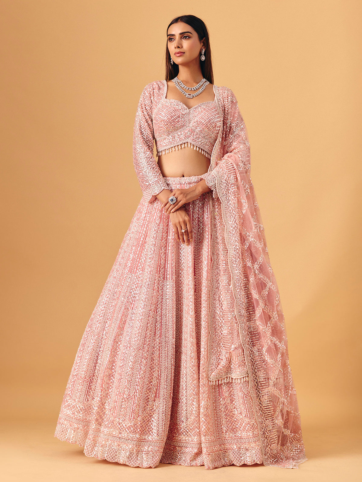Light pink net lehenga choli with diamond shimmer detailing