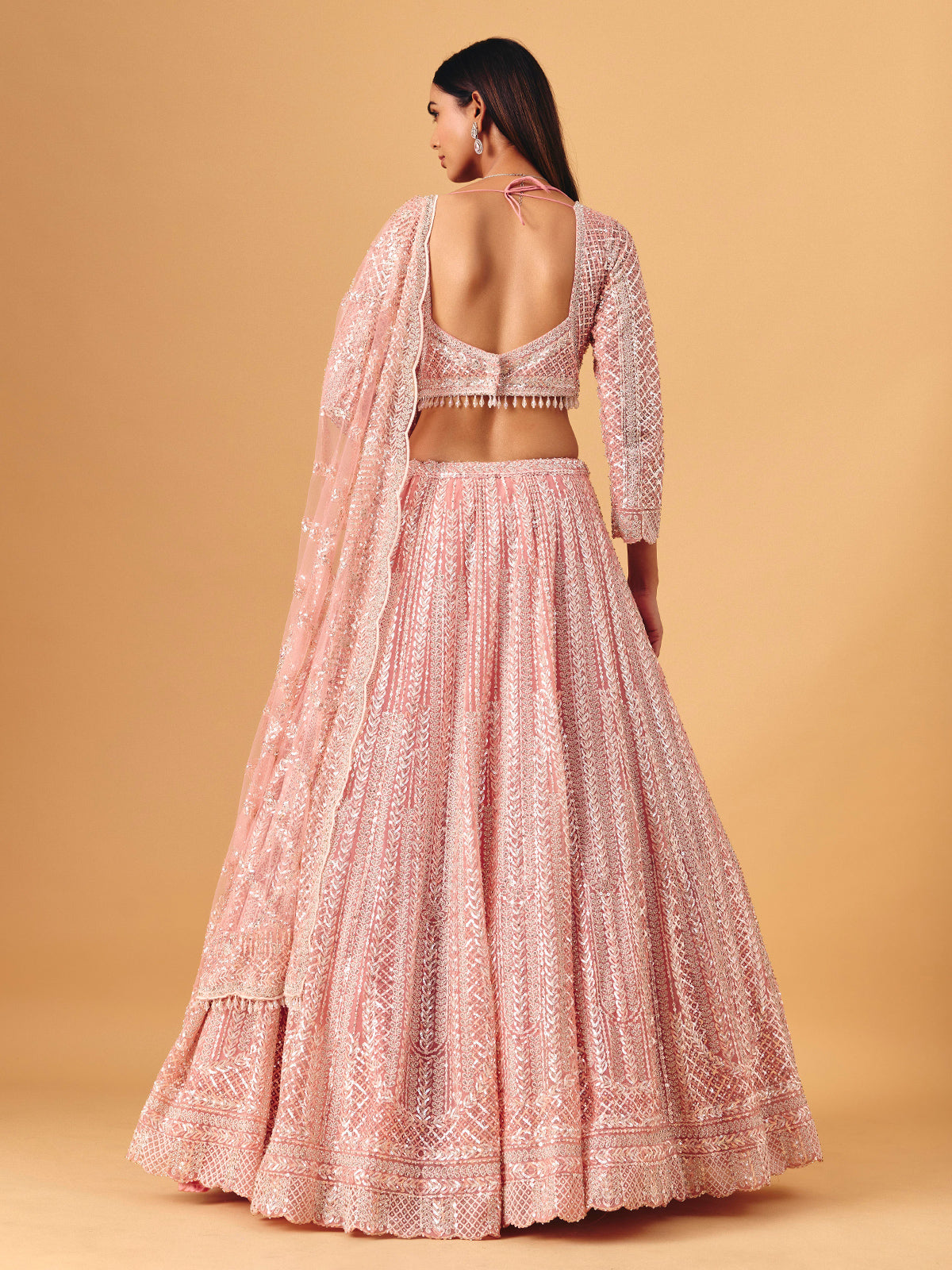 Light pink net lehenga choli with diamond shimmer detailing