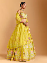 Yellow raw silk lehenga choli with mirror embellishments