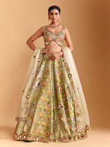 Pista green raw silk lehenga choli with printed artistry