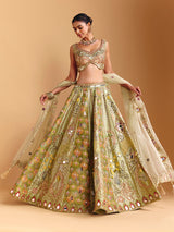 Pista green raw silk lehenga choli with printed artistry