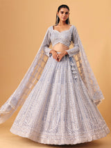 Powder blue net lehenga choli with shimmering embellished elegance
