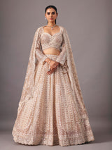 Beige net lehenga choli with pearl and sequin detailing