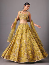 Mehendi yellow georgette silk lehenga choli with embellishments