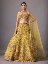 Mehendi yellow georgette silk lehenga choli with embellishments