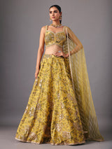 Mehendi yellow georgette silk lehenga choli with embellishments