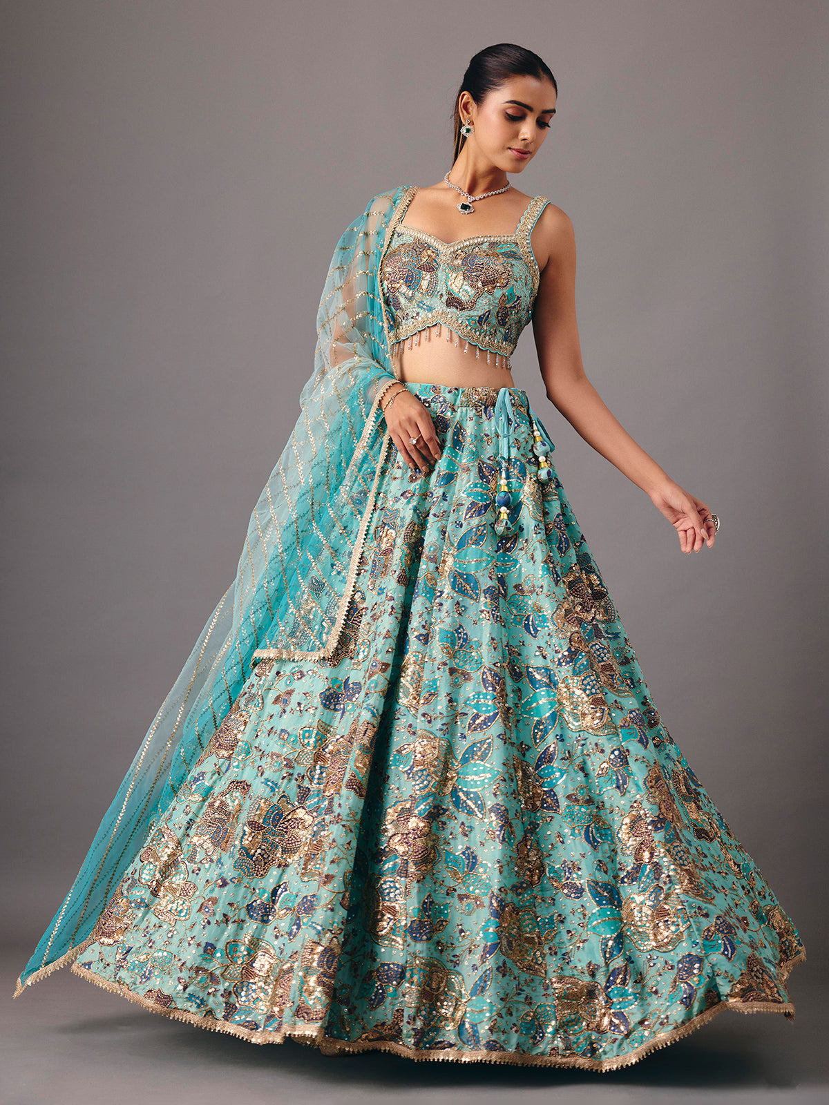 Sky blue georgette silk lehenga choli with sequin detailing