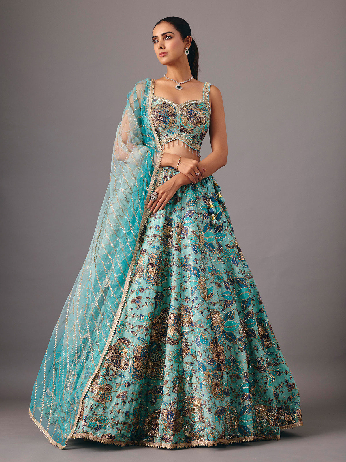 Sky blue georgette silk lehenga choli with sequin detailing