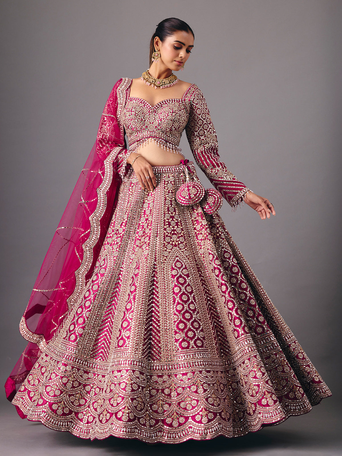 Dark purple silk lehenga choli with mirror and pearl work