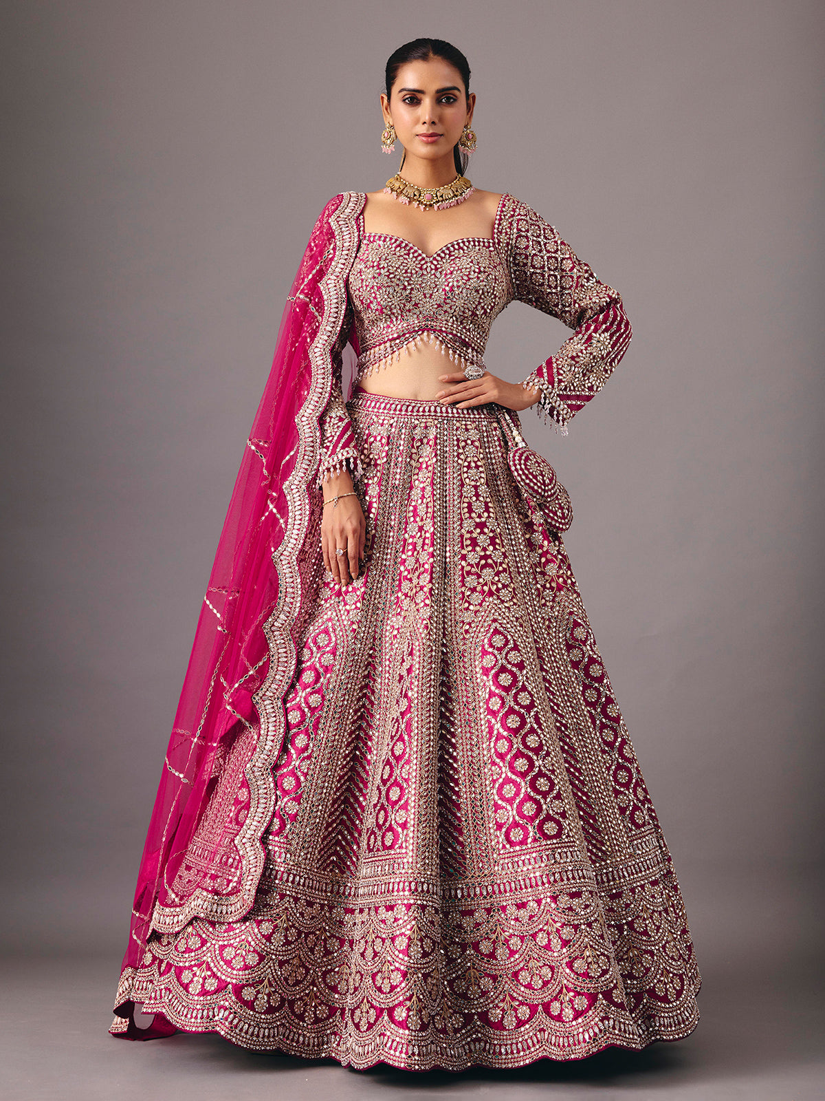 Dark purple silk lehenga choli with mirror and pearl work