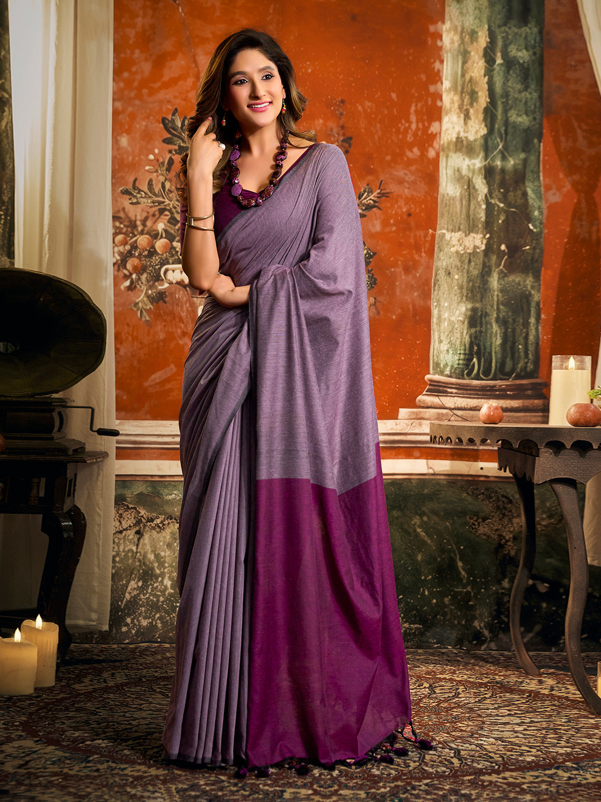 Purple cotton saree with contrast pallu tassel style