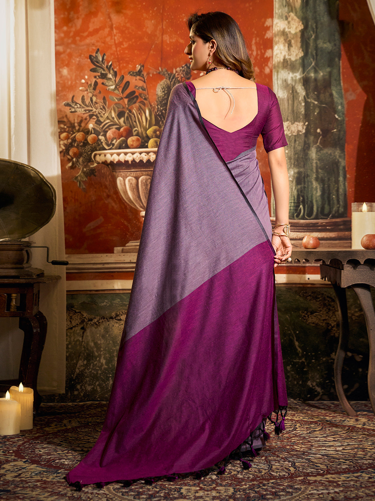 Purple cotton saree with contrast pallu tassel style
