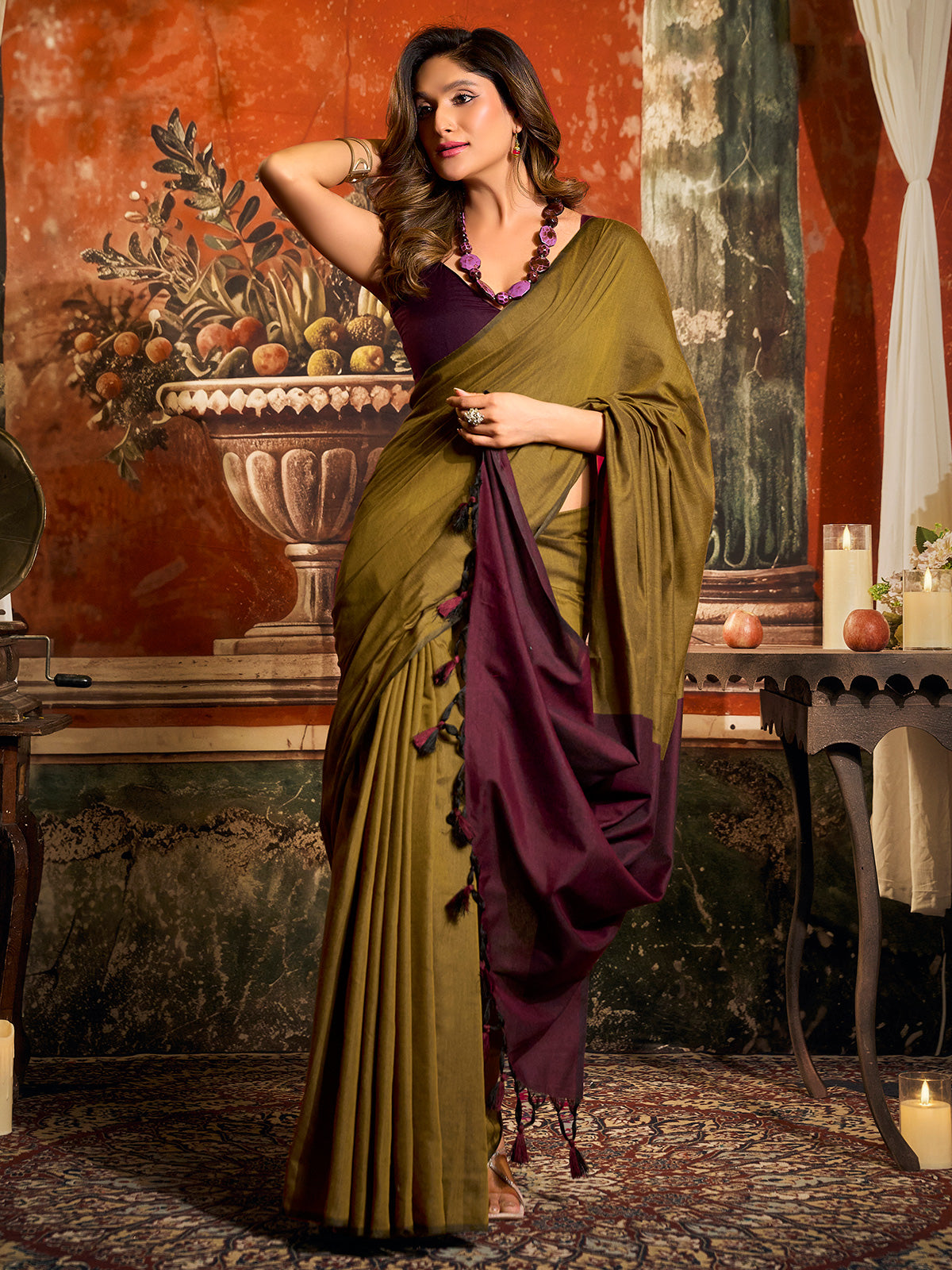 Mehendi olive cotton saree with contrast pallu elegance