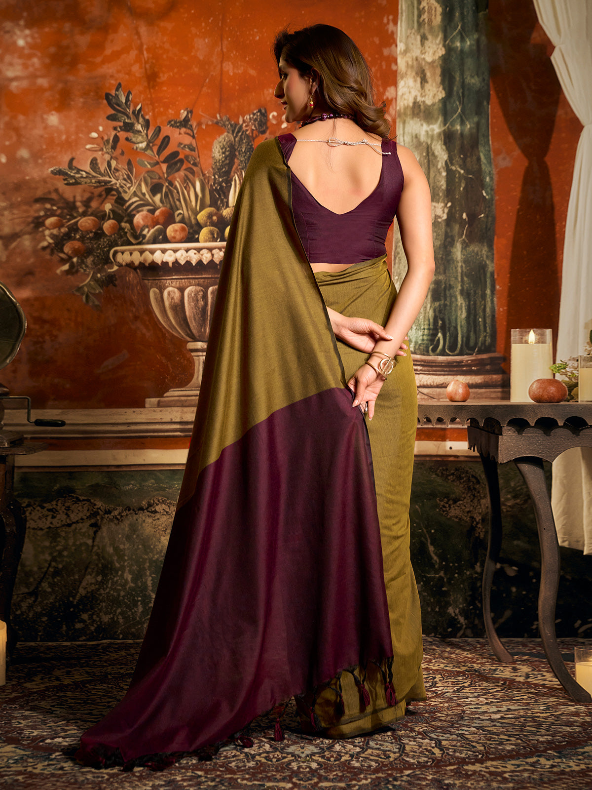Mehendi olive cotton saree with contrast pallu elegance