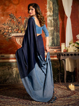 Dark navy cotton saree with stylish tassel pallu