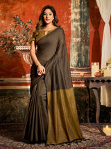 Charcoal grey cotton saree with contrast pallu detail