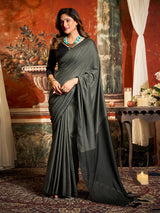 Grey cotton saree with fancy tassel pallu detail