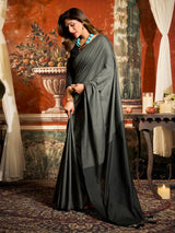 Grey cotton saree with fancy tassel pallu detail