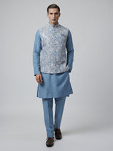Sky blue silk linen embroidered festive waistcoat set