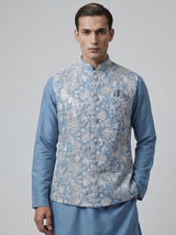 Sky blue silk linen embroidered festive waistcoat set