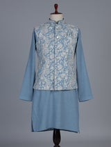 Sky blue silk linen embroidered festive waistcoat set