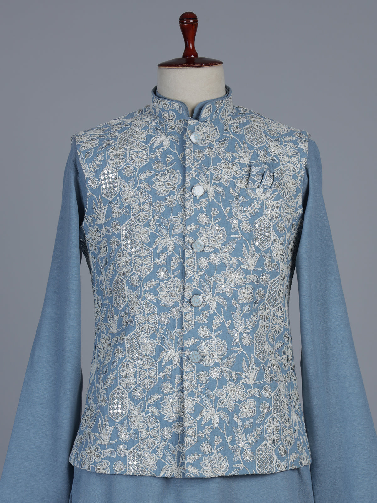 Sky blue silk linen embroidered festive waistcoat set