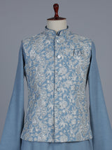 Sky blue silk linen embroidered festive waistcoat set