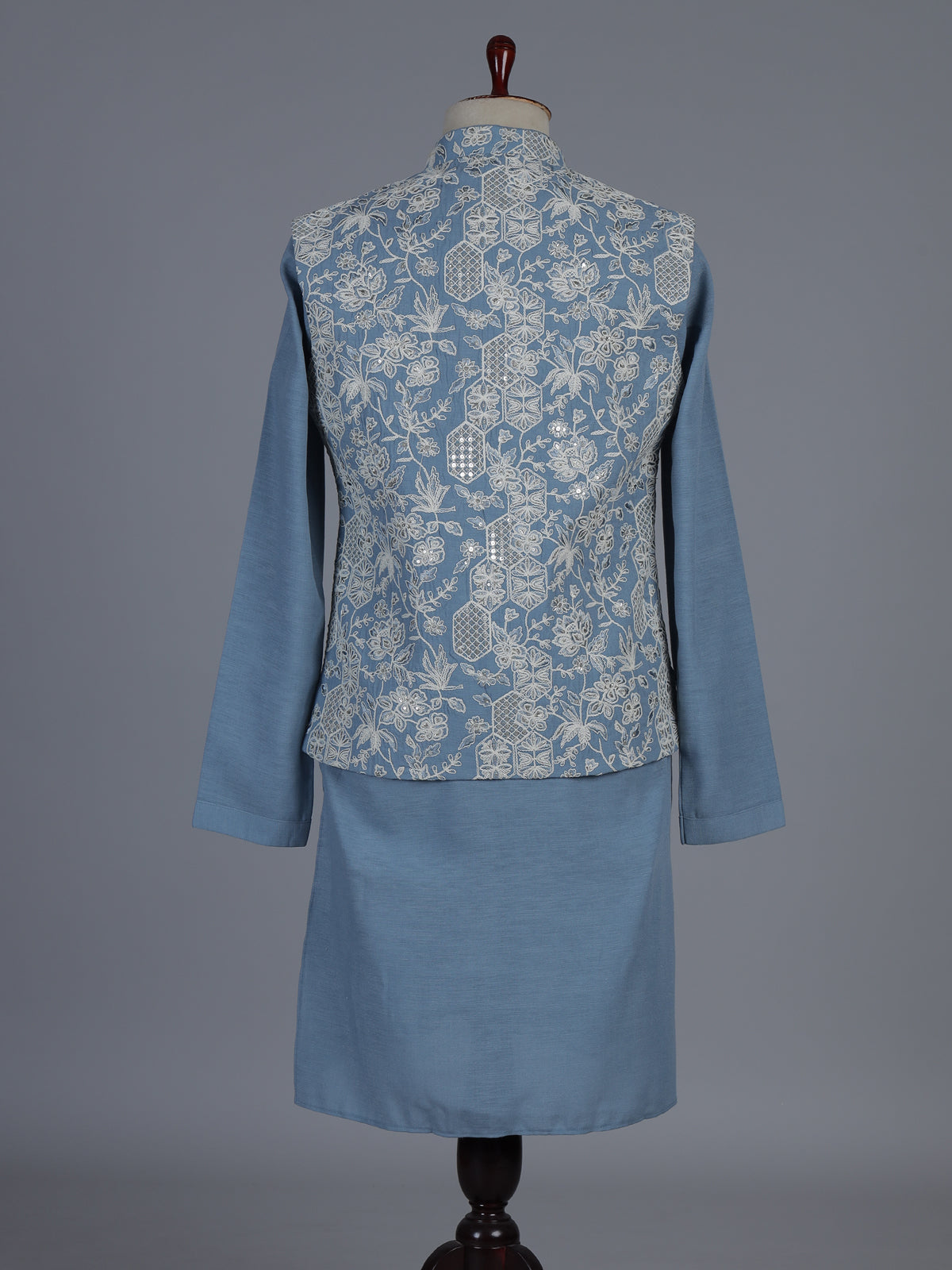 Sky blue silk linen embroidered festive waistcoat set