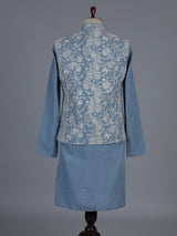 Sky blue silk linen embroidered festive waistcoat set