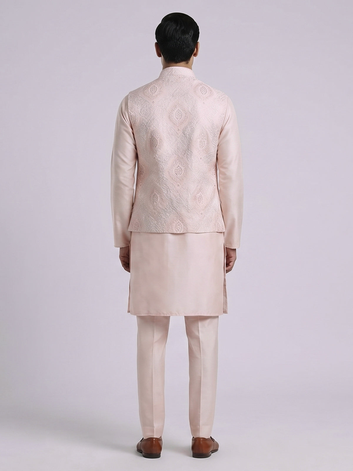 Peach silk linen embroidered festive waistcoat set for men