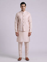 Peach silk linen embroidered festive waistcoat set for men