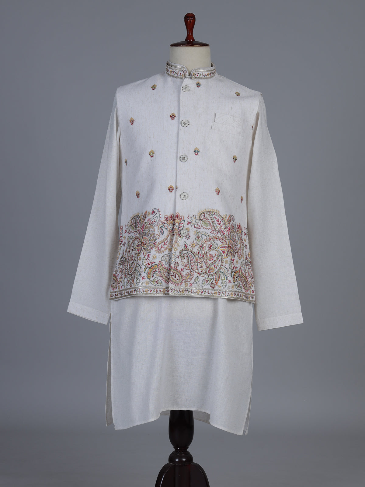 Off white silk embroidered elegant festive waistcoat set