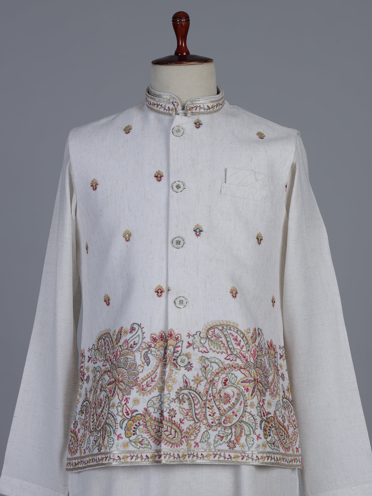 Off white silk embroidered elegant festive waistcoat set