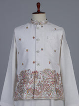 Off white silk embroidered elegant festive waistcoat set