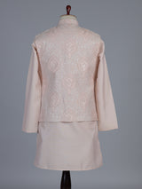 Peach silk linen embroidered festive waistcoat set for men