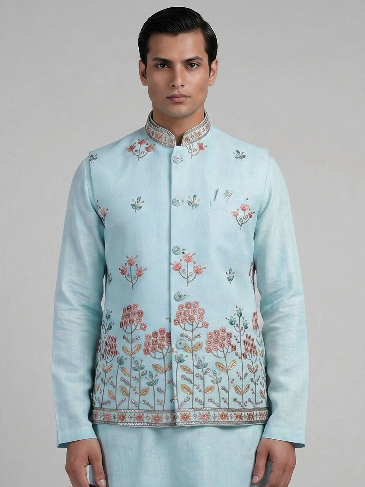 Mint blue cotton linen embroidered festive waistcoat set