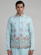Mint blue cotton linen embroidered festive waistcoat set