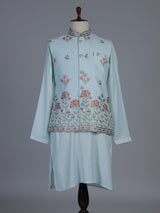 Mint blue cotton linen embroidered festive waistcoat set