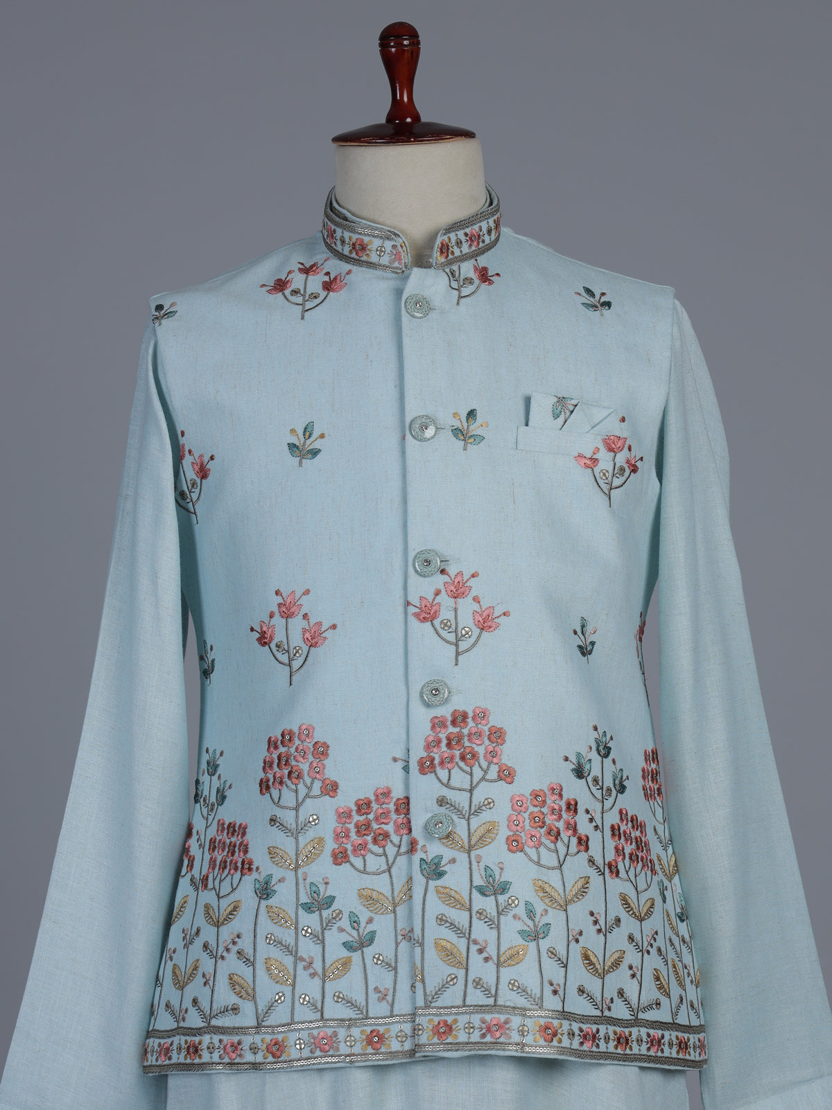 Mint blue cotton linen embroidered festive waistcoat set