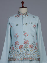 Mint blue cotton linen embroidered festive waistcoat set