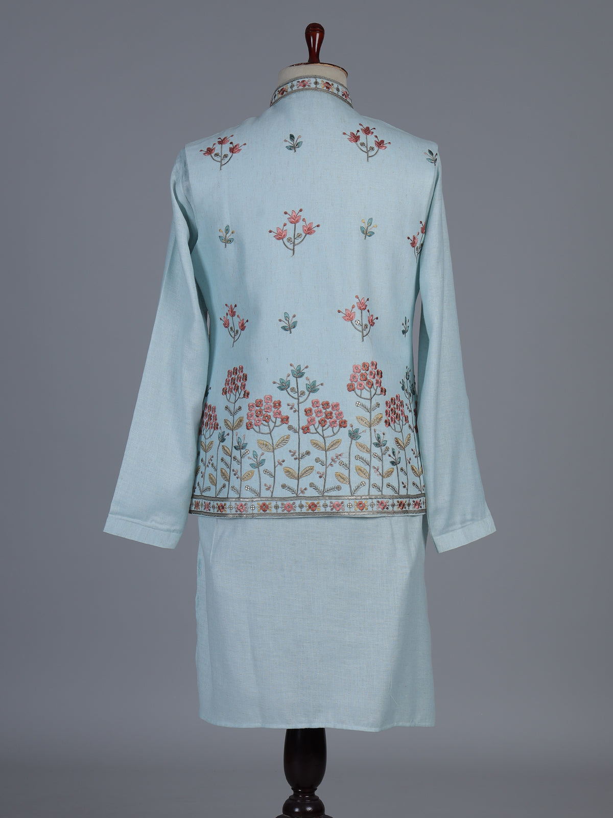 Mint blue cotton linen embroidered festive waistcoat set