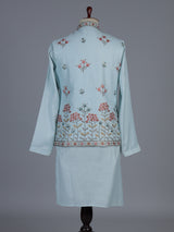 Mint blue cotton linen embroidered festive waistcoat set