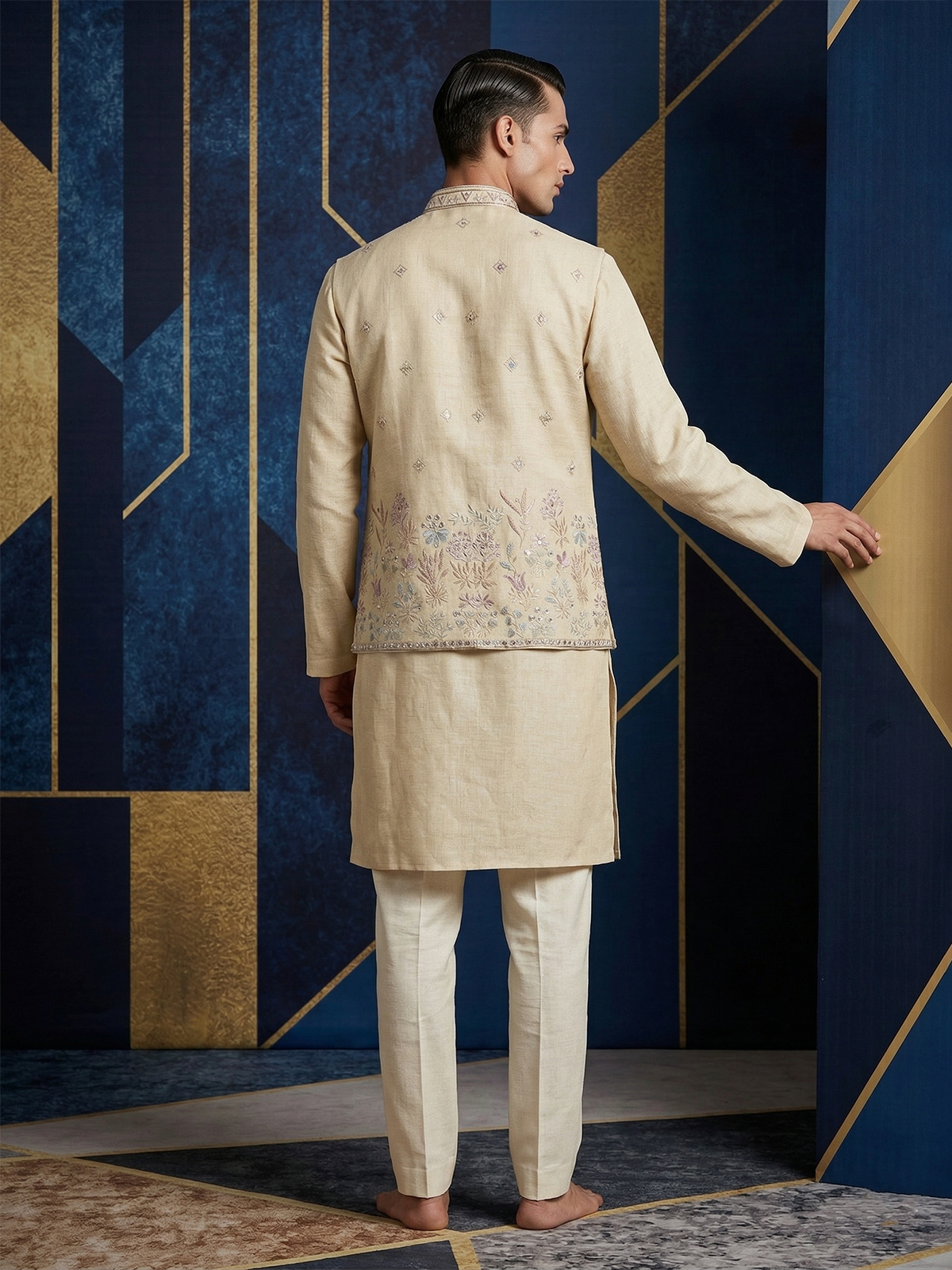 Cream cotton linen embroidered festive waistcoat set for men
