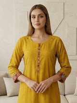 Mustard yellow silk straight cut festive kurti set with dupatta