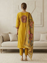 Mustard yellow silk straight cut festive kurti set with dupatta