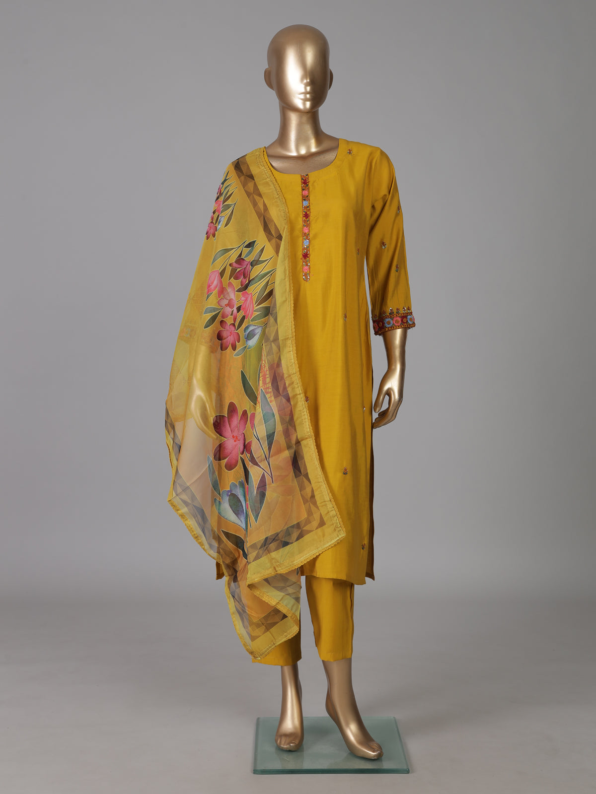 Mustard yellow silk straight cut festive kurti set with dupatta