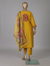 Mustard yellow silk straight cut festive kurti set with dupatta